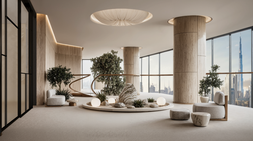 A modern, minimalist living room with large windows, beige decor, round seating, indoor plants and a central Zen garden. Skyscrapers, including the Burj Khalifa, can be seen through the windows.