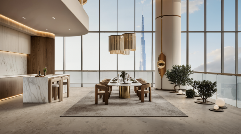 Modern dining room with large table, wooden chairs, marble surfaces and elegant pendant lights. Large picture windows reveal the city skyline, with a skyscraper in the distance. Indoor plants add a touch of greenery.