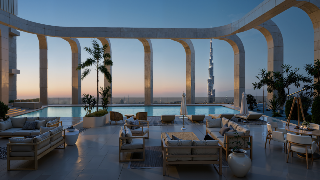 A luxurious rooftop terrace with modern outdoor seating, a swimming pool, palm trees and large arches, overlooking the city's rooftops at sunset with the Burj Khalifa visible in the background.