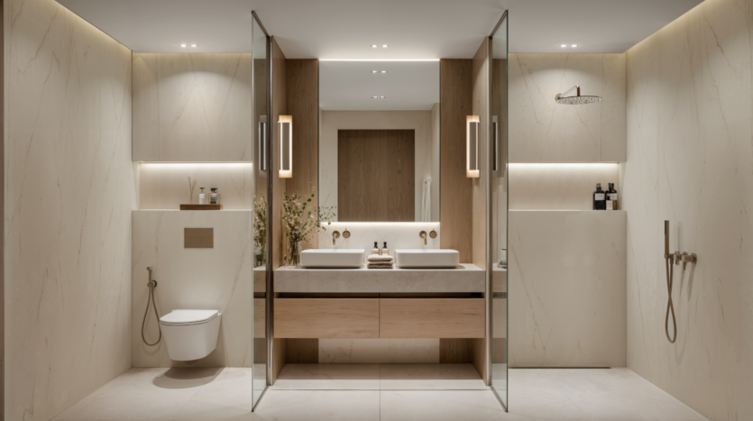 Modern bathroom with light marble walls and floor, double washbasin on wall-hung vanity unit, wall-hung toilet, glass shower cubicle and minimalist fittings. Subdued lighting and neutral tones create a serene, elegant atmosphere.