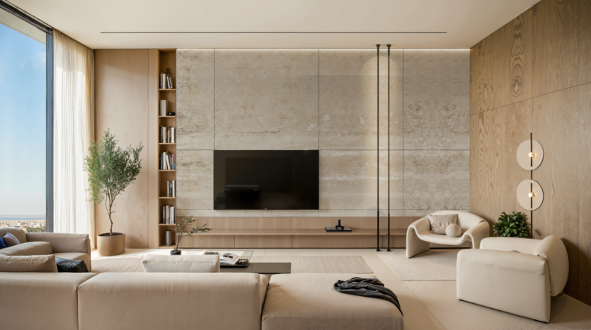 Modern living room in beige tones, with a large wall-mounted TV, built-in shelves with books, two armchairs, a sofa, a coffee table, a potted plant near a large window and round wall sconces on wood panelling. Bright, minimalist decor.