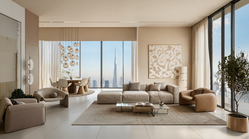 A modern, spacious living room with neutral tones, large windows offering views of the city's rooftops with the Burj Khalifa visible, contemporary furniture, a glass coffee table and potted plants.