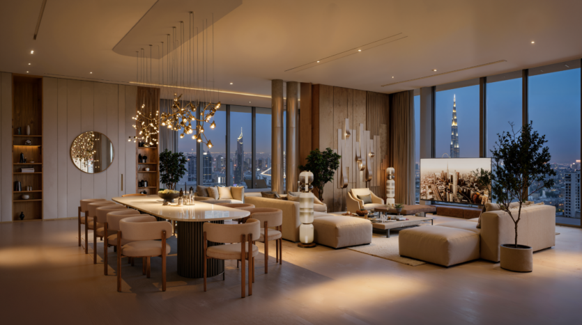 Spacious modern living and dining room with elegant beige furniture, large windows showing a city skyline at dusk, elegant light fixtures, indoor plants and wood accents creating a warm, luxurious atmosphere.