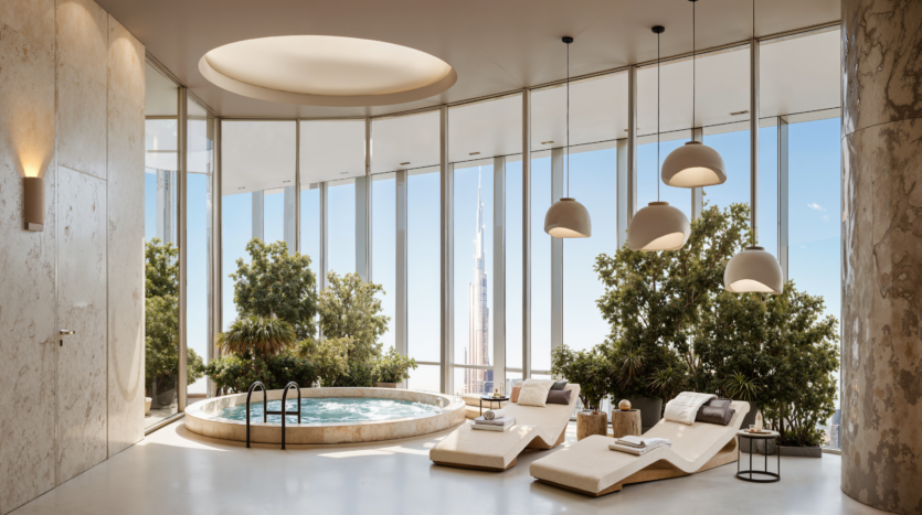 A luxurious spa room with a round Jacuzzi, three padded loungers, potted plants, large windows with city views and modern hanging lights suspended from the ceiling.