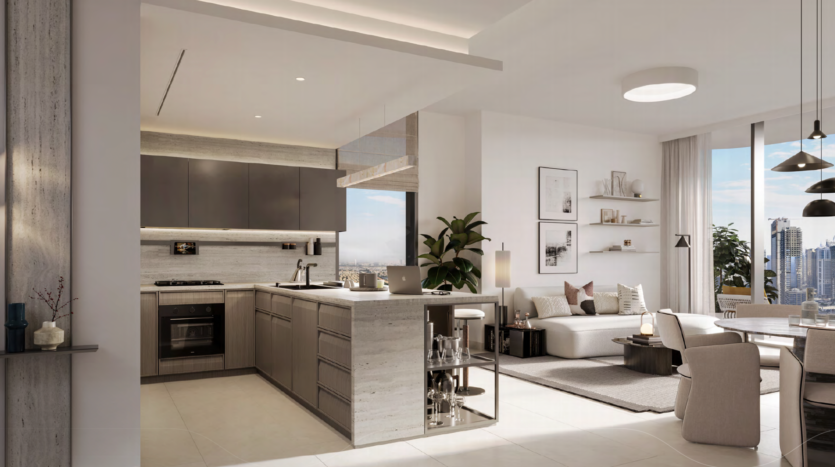 Modern, open-plan kitchen and living room in neutral tones, with elegant furnishings, integrated appliances, comfortable seating area, dining table, large windows and city views. Minimalist decor with plants and wall decor.