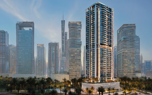 Altiera Heights от Ellington Properties возвышается на фоне нескольких других высоких небоскребов, окруженных пальмами и городскими огнями, под чистым голубым небом в сумерках.