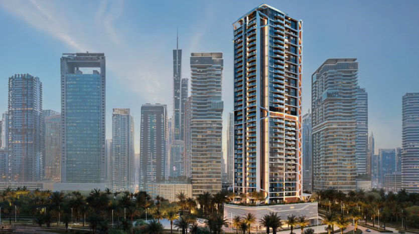 Altiera Heights by Ellington Properties stands prominently before several other tall skyscrapers, surrounded by palm trees and city lights, under a clear blue sky at dusk.