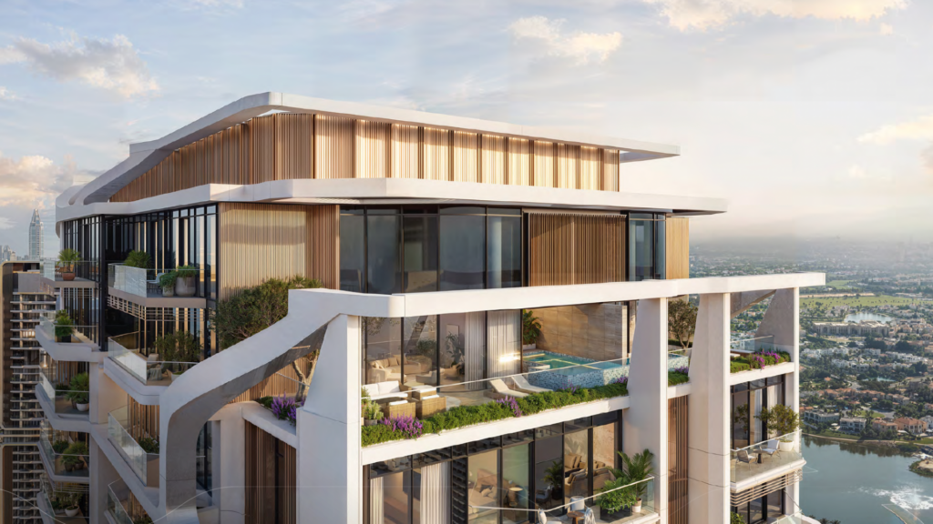 A modern multi-story luxury penthouse from Altiera Heights Ellington Properties features large windows, a private pool and spacious, plant-filled terraces overlooking a picturesque cityscape and waterway under partly cloudy skies.