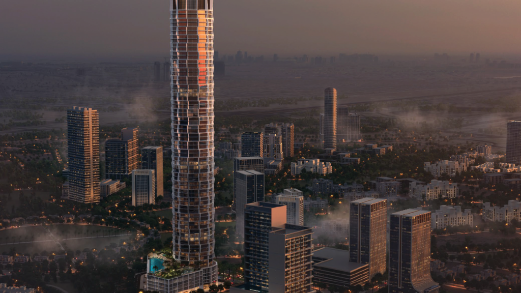 A large modern skyscraper dominates an urban landscape at dusk, surrounded by several smaller buildings and lush vegetation. Lights illuminate the buildings, and a misty sky creates a tranquil, atmospheric scene.