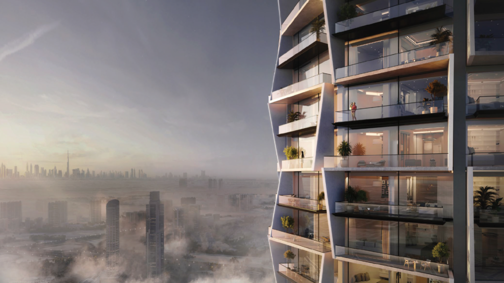 A modern building with glass balconies overlooks a city shrouded in fog, with skyscrapers visible in the distance and soft sunlight illuminating the scene.