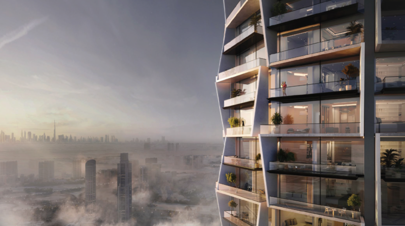 A modern building with glass balconies overlooks a city shrouded in fog, with skyscrapers visible in the distance and soft sunlight illuminating the scene.