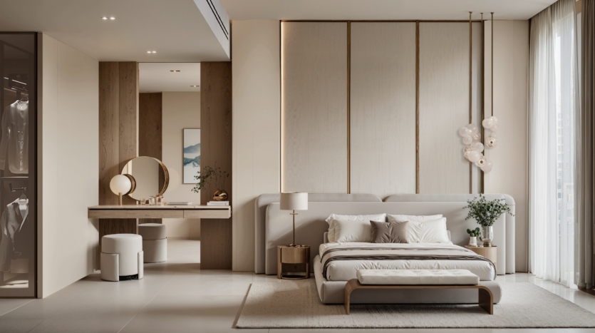 A modern, minimalist bedroom with light neutral tones, a large bed, a bench, a round bedside table, a dressing table with mirror and stool, large windows with sheer curtains and decorative wall panels.