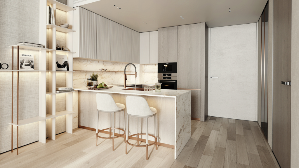 Cuisine moderne minimaliste avec sol en bois clair, comptoirs en marbre, deux tabourets de bar blancs, appareils électroménagers intégrés, étagères ouvertes avec livres et objets de décoration, et éclairage d'ambiance doux. Palette de couleurs neutres avec des tons beiges et blancs.