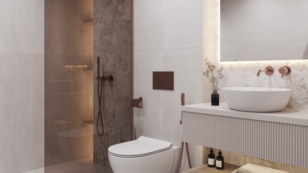 Salle de bains moderne avec toilettes murales, lavabo rond sur meuble blanc, décor minimaliste, étagères encastrées et douche vitrée aux finitions beige et marbre. L'éclairage chaleureux met en valeur le design épuré et élégant.