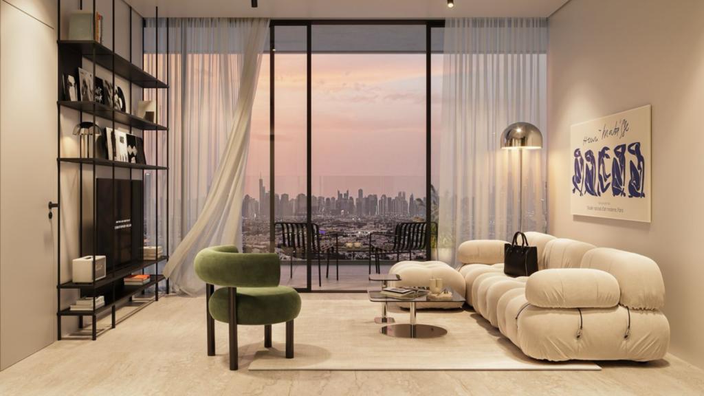 Modern living room with cream sofa, green armchair, round coffee tables, floor lamp and city skyline visible through large picture windows. Diaphanous curtains float softly and a work of contemporary art hangs on the wall.