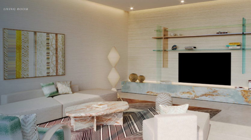 A modern living room with corner sofa, marble coffee table, armchair, geometric rug and abstract wall decor evokes the contemporary elegance of Dubai's Octa Isle. A TV is set on an elegant console with glass shelves housing decorative objects.