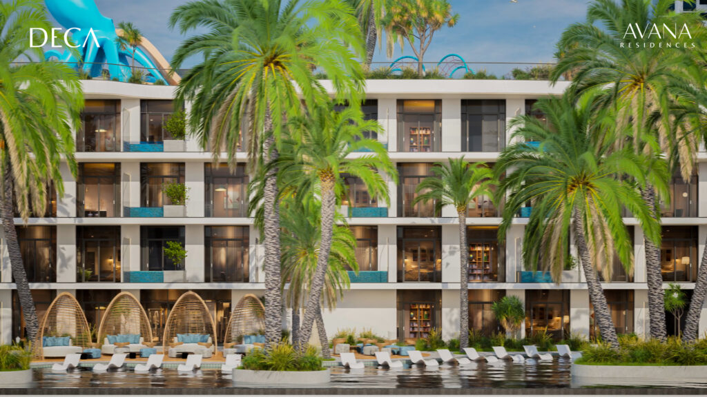 A modern beachfront hotel with balconies, pool, sun loungers and palm trees. Blue accents and cabana seating highlight Deca Properties' luxurious AVANA residences in Dubai, with "DECA" and "AVANA RESIDENCES" logos in the upper corners.