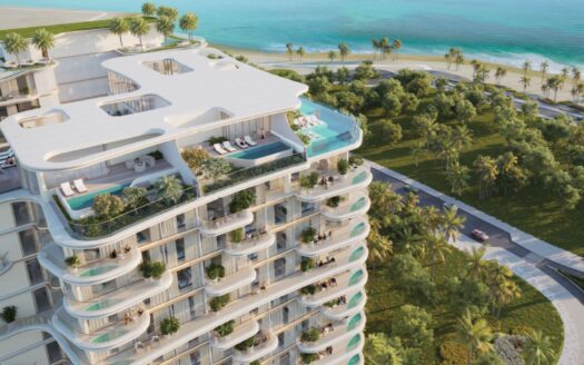 Beach Walk Grand 2 ist ein modernes, luxuriöses Apartmentgebäude am Meer mit geschwungenen Balkonen, Dachpools und üppiger Vegetation, die auf einen tropischen Strand und den türkisfarbenen Ozean blicken, umgeben von Palmen und Landschaftsgärten.