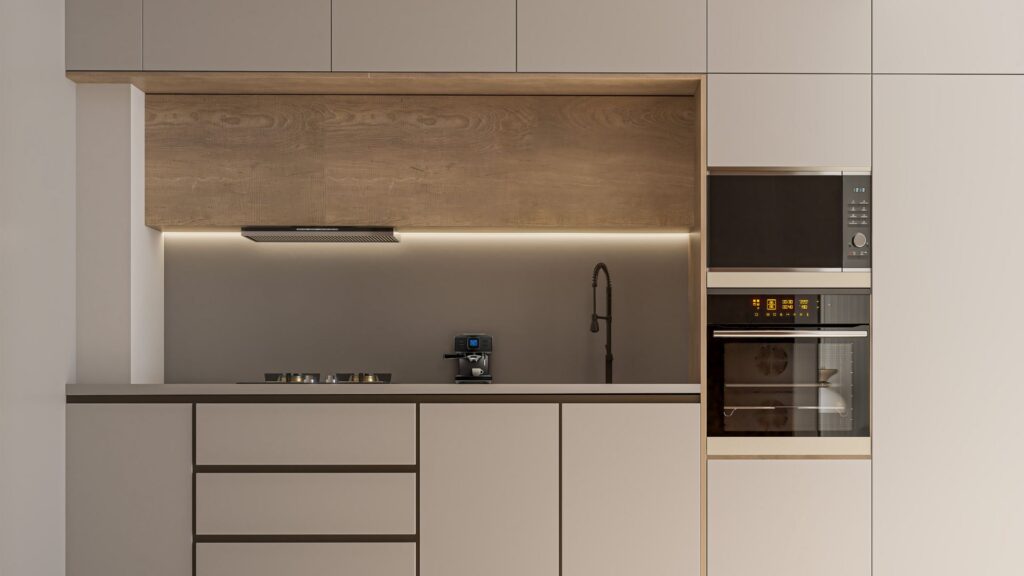 Minimalist modern kitchen with beige cabinets, built-in range, coffee machine and berkeley square prestige one wall faucet. Under-cabinet lighting and wood accents create a clean look, with a built-in oven and microwave.
