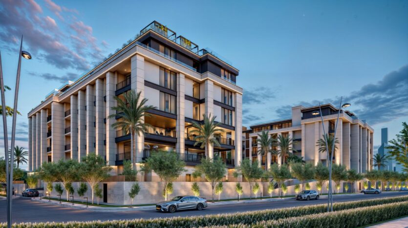 Discover modern luxury at Berkeley Square Prestige One, with its large windows, balconies and palm-lined streets. Cars pass by as the sun sets in the clear sky, creating a sophisticated ambience.
