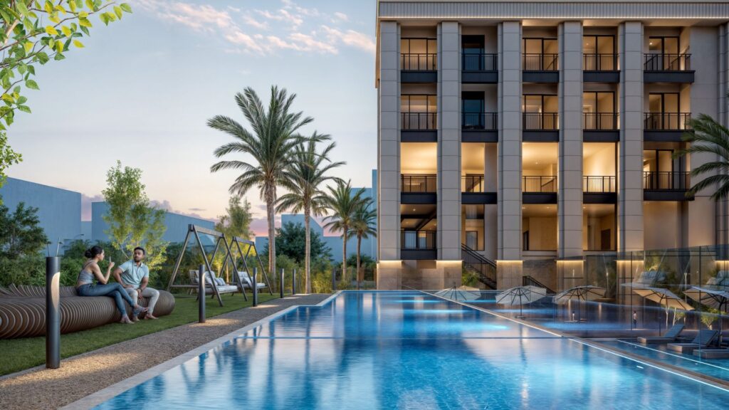 The modern Berkeley Square Prestige One apartment building features balconies overlooking a crystal-clear swimming pool. Three people chat on a bench next to swings, surrounded by palm trees and greenery at sunset, the outdoor lights creating a warm ambience.