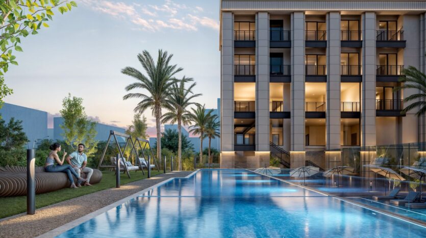 The modern Berkeley Square Prestige One apartment building features balconies overlooking a crystal-clear swimming pool. Three people chat on a bench next to swings, surrounded by palm trees and greenery at sunset, the outdoor lights creating a warm ambience.