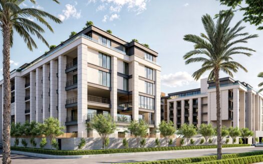 Los modernos edificios de Berkeley Square Prestige One tienen grandes balcones y ventanales, rodeados de palmeras y exuberante vegetación bajo un cielo azul salpicado de nubes.
