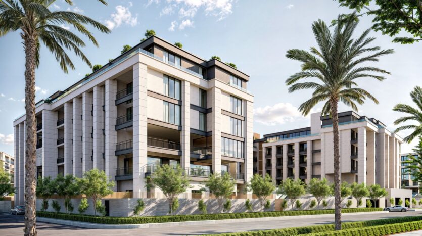 The modern buildings of Berkeley Square Prestige One feature large balconies and bay windows, surrounded by palm trees and lush vegetation under a blue sky dotted with clouds.