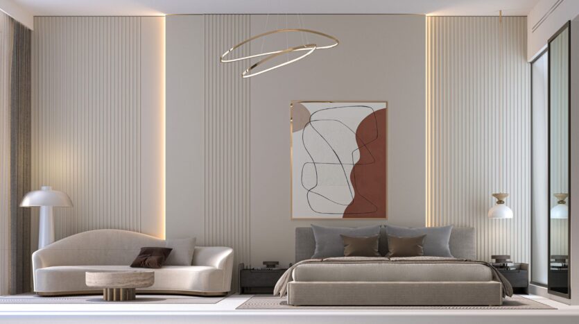 Modern bedroom with king-size bed, gray bedding, small sofa, round coffee table, abstract wall art and pendant lamp. Berkeley Square Prestige One touches include vertical wall lines and accent lighting for an elegant look in soft neutral tones.