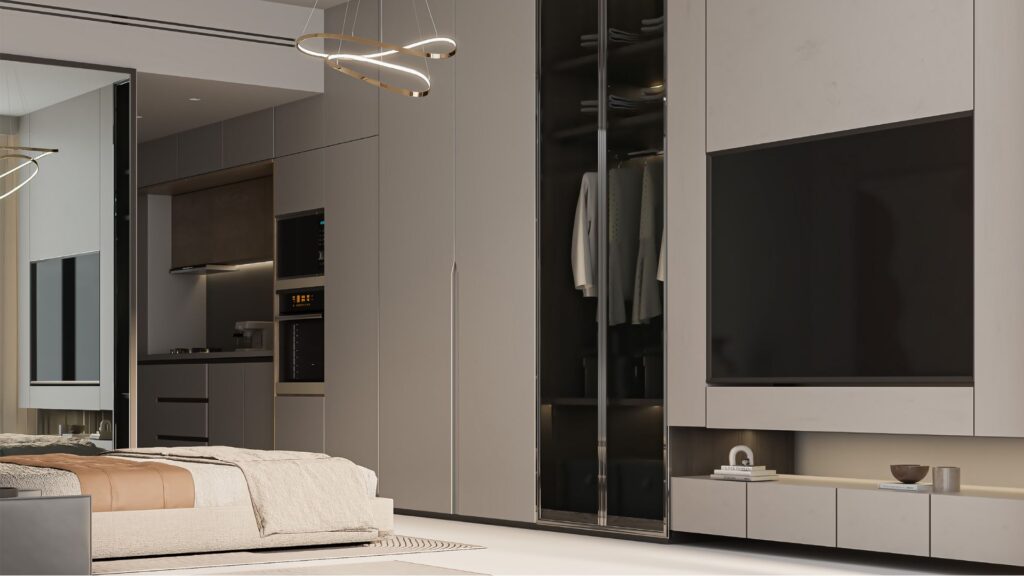 Modern, minimalist bedroom featuring a beige bed, sleek berkeley square prestige one wardrobes, a large wall-mounted TV and an open closet with hanging clothes. Warm lighting and contemporary furnishings create a warm, welcoming atmosphere.