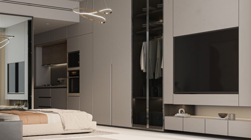 Modern, minimalist bedroom featuring a beige bed, sleek berkeley square prestige one wardrobes, a large wall-mounted TV and an open closet with hanging clothes. Warm lighting and contemporary furnishings create a warm, welcoming atmosphere.