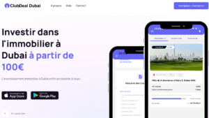 Homepage von ClubDeal Dubai, auf der zwei Smartphones mit einer App vorgestellt werden, mit der man ab 100€ in Immobilien in Dubai investieren kann. Der Text ist auf Deutsch, die Angebote für Immobilieninvestitionen und die Schaltflächen zum Herunterladen aus dem App Store sind auf Deutsch.