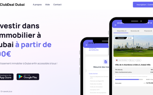 Homepage von ClubDeal Dubai, auf der zwei Smartphones mit einer App vorgestellt werden, mit der man ab 100€ in Immobilien in Dubai investieren kann. Der Text ist auf Deutsch, die Angebote für Immobilieninvestitionen und die Schaltflächen zum Herunterladen aus dem App Store sind auf Deutsch.
