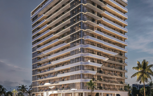 Un moderno rascacielos con ventanas del suelo al techo y balcones envolventes, iluminado al atardecer, se eleva sobre el paisaje urbano. Las palmeras enmarcan la vista, creando un oasis de Floarea en medio de la vida urbana.