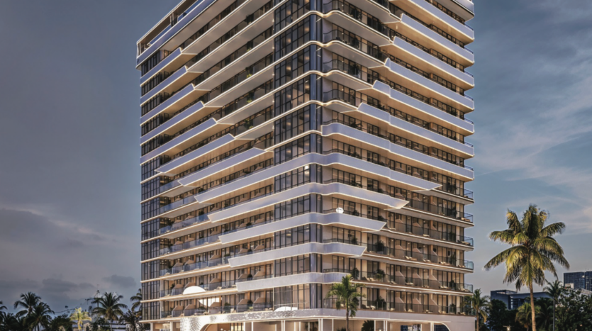 A modern high-rise building with floor-to-ceiling windows and wraparound balconies, illuminated at dusk, rises above the urban landscape. Palm trees frame the view, creating an oasis of Floarea in the heart of urban life.