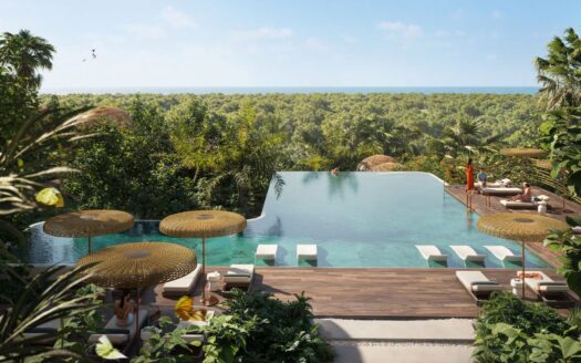 Infinity-Pool umgeben von üppiger Vegetation in Talea by Beyond, mit Liegestühlen und Sonnenschirmen aus Stroh, die einen Wald überblicken. Die Menschen entspannen sich am Pool, während das Meer in der Ferne unter einem klaren blauen Himmel glitzert.