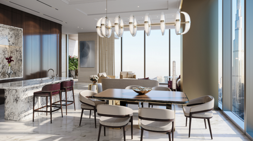 Uno spazio abitativo moderno e lussuoso al Waldorf Astoria Business Bay Dubai, con pavimenti in marmo, un tavolo da pranzo per sei persone, un'isola cucina in marmo con sgabelli da bar, un'illuminazione elegante e finestre a tutta altezza con vista sullo skyline della città.