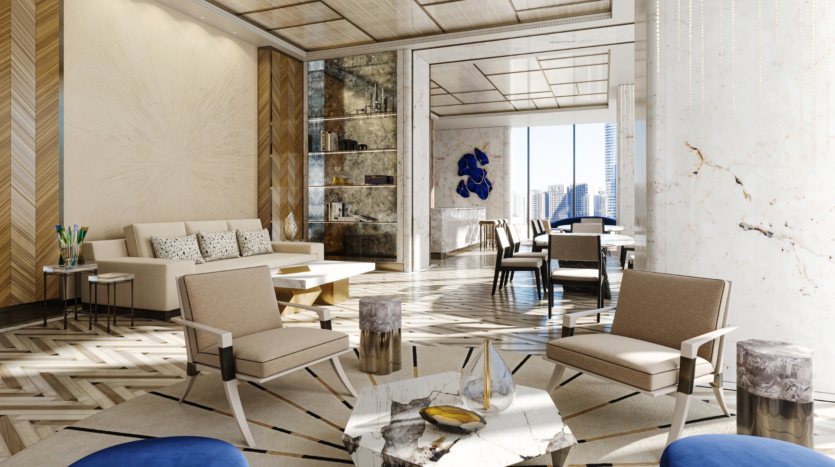 Soggiorno e sala da pranzo moderni e lussuosi, con toni beige e oro, superfici in marmo, motivi geometrici e ampie finestre con vista sulla città. I mobili contemporanei e l'arredamento minimalista creano un'atmosfera elegante.