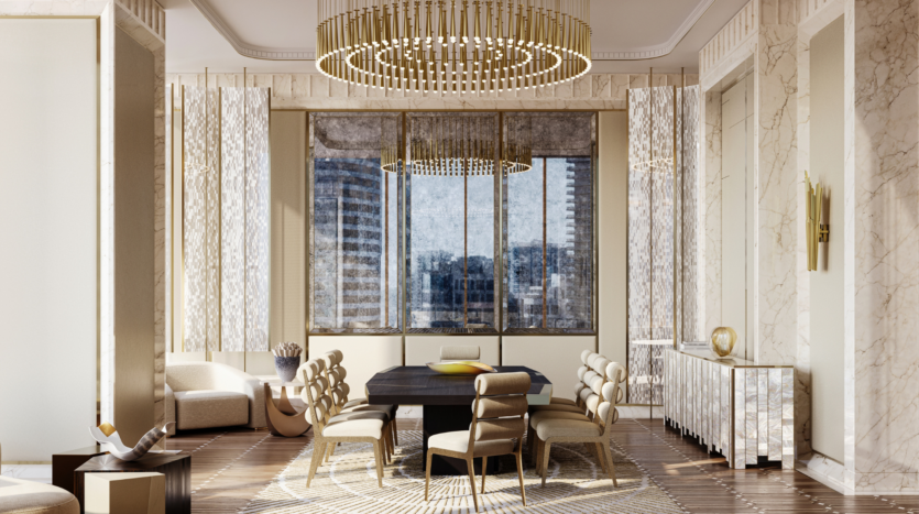 La lussuosa sala da pranzo del Waldorf Astoria Business Bay Dubai è caratterizzata da un moderno lampadario, pareti in marmo, ampie finestre con vista sulla città, un tavolo rettangolare scuro circondato da sedie beige ed elementi decorativi riflettenti.