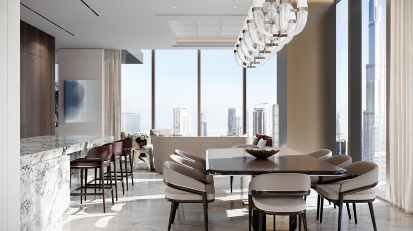 La moderna e lussuosa area lounge e dining del Waldorf Astoria Business Bay Dubai è caratterizzata da pavimenti in marmo, arredi eleganti, un lungo tavolo da pranzo, sgabelli da bar su un piano di marmo, ampie finestre e una vista mozzafiato sullo skyline della città con i suoi alti edifici.