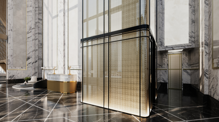 Lussuosa hall d'ingresso con pavimenti e pareti in marmo, accenti dorati, moderno banco della reception ed elegante ascensore dorato circondato da ampie finestre che lasciano entrare la luce naturale.