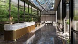 Die moderne, sonnige Eingangshalle des Waldorf Astoria Business Bay Dubai zeichnet sich durch einen langen Rezeptionstisch, eine grüne lebende Wand, Marmorböden, eine Glasdecke und eine elegante Sitzecke im Hintergrund aus.