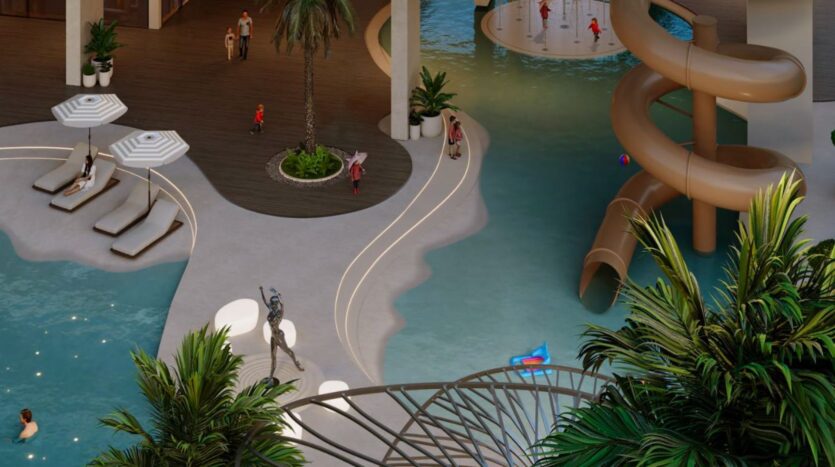 The Marquis One Arjan's modern swimming pool is equipped with sun loungers, people relaxing under palm trees and a large brown spiral slide leading to the pool. Some guests stroll while others play by the inviting water.
