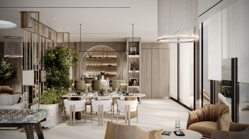 Un salón y un comedor modernos y elegantes con tonos neutros, grandes ventanales, asientos de felpa, una mesa de comedor para ocho comensales, vegetación, iluminación contemporánea y luz natural que entra a raudales a través de cortinas transparentes.