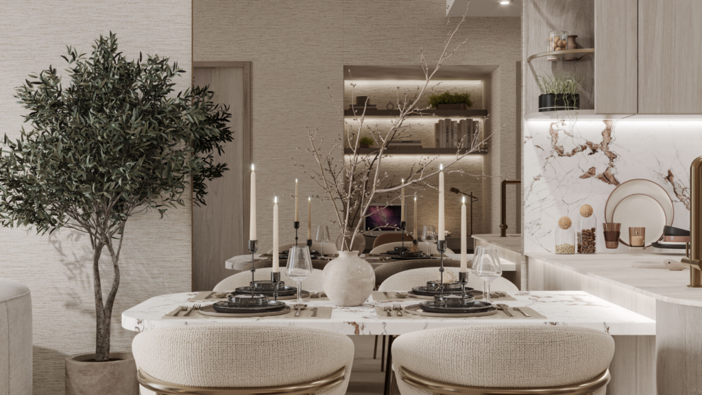Comedor moderno con una mesa de mármol para cuatro personas, sillas tapizadas en tonos neutros, grandes lámparas de araña, ramas decorativas en un jarrón, estanterías abiertas con decoración y un árbol en maceta junto a la mesa.
