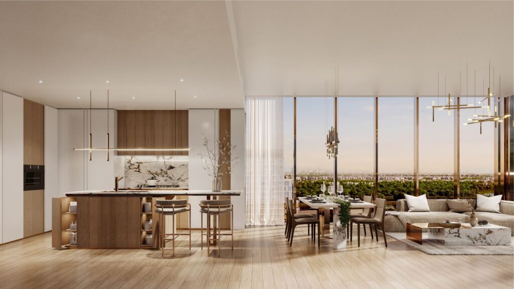 Cuisine, salle à manger et salon modernes à l'horizon wynwood d'Imtiaz avec des finitions en bois et en marbre, des fenêtres allant du sol au plafond, un éclairage élégant et une vue sur la ville au coucher du soleil.
