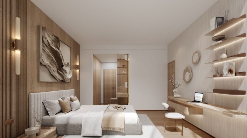 Une chambre à coucher moderne et minimaliste inspirée de l'horizon wynwoodien d'Imtiaz, avec des tons neutres, un grand lit, de l'art mural abstrait, un bureau encastré et un ordinateur portable, des étagères flottantes, des objets décoratifs et un éclairage d'ambiance doux.