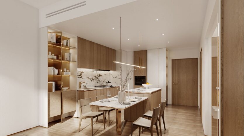 Cuisine et salle à manger modernes à Wynwood Horizon de Imtiaz avec des armoires en bois, un dosseret en marbre, une longue table à manger pour six personnes, des lampes suspendues, des étagères ouvertes avec des objets décoratifs et un décor minimaliste dans des tons neutres.