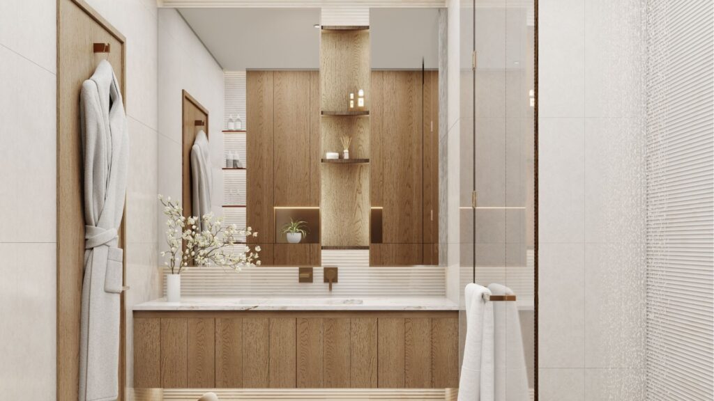 Salle de bains moderne à Wynwood Horizon de Imtiaz avec des accents en bois, un grand miroir, un comptoir avec une plante et des articles de toilette, des peignoirs blancs sur la porte, et des étagères ouvertes présentant des objets de façon ordonnée. Un design neutre, lumineux et épuré.