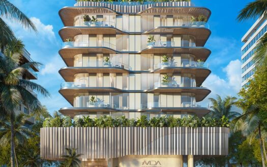 Modernes, mehrstöckiges Gebäude mit geschwungenen Balkonen und Glasgeländern, das von Palmen umgeben ist. Avida Residences Dubai Islands präsentiert Grün auf jedem Balkon und ein klares, zeitgemäßes Design vor einem leuchtend blauen Himmel.